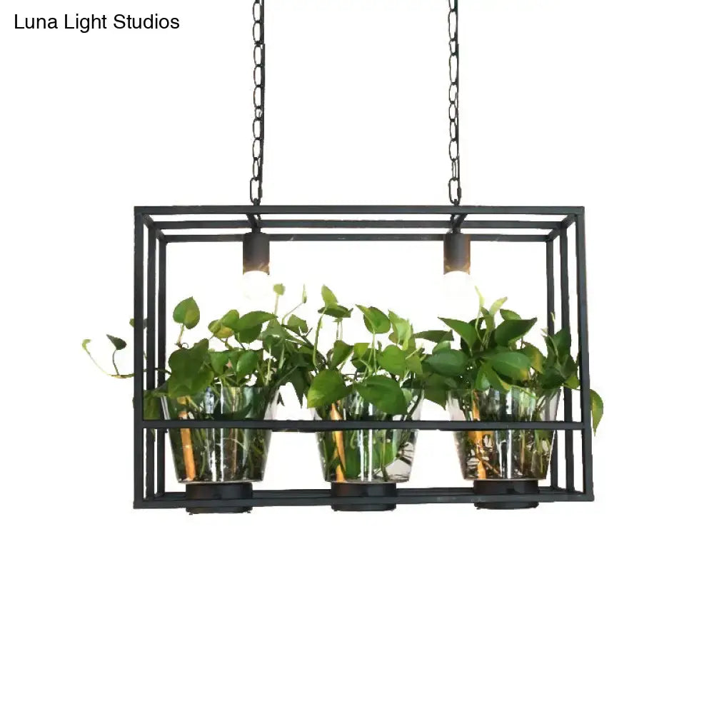 Black iron pendant light with rectangular frame and 3 glass planters, chain-hung Decorbites on Tampa Home & Garden Store