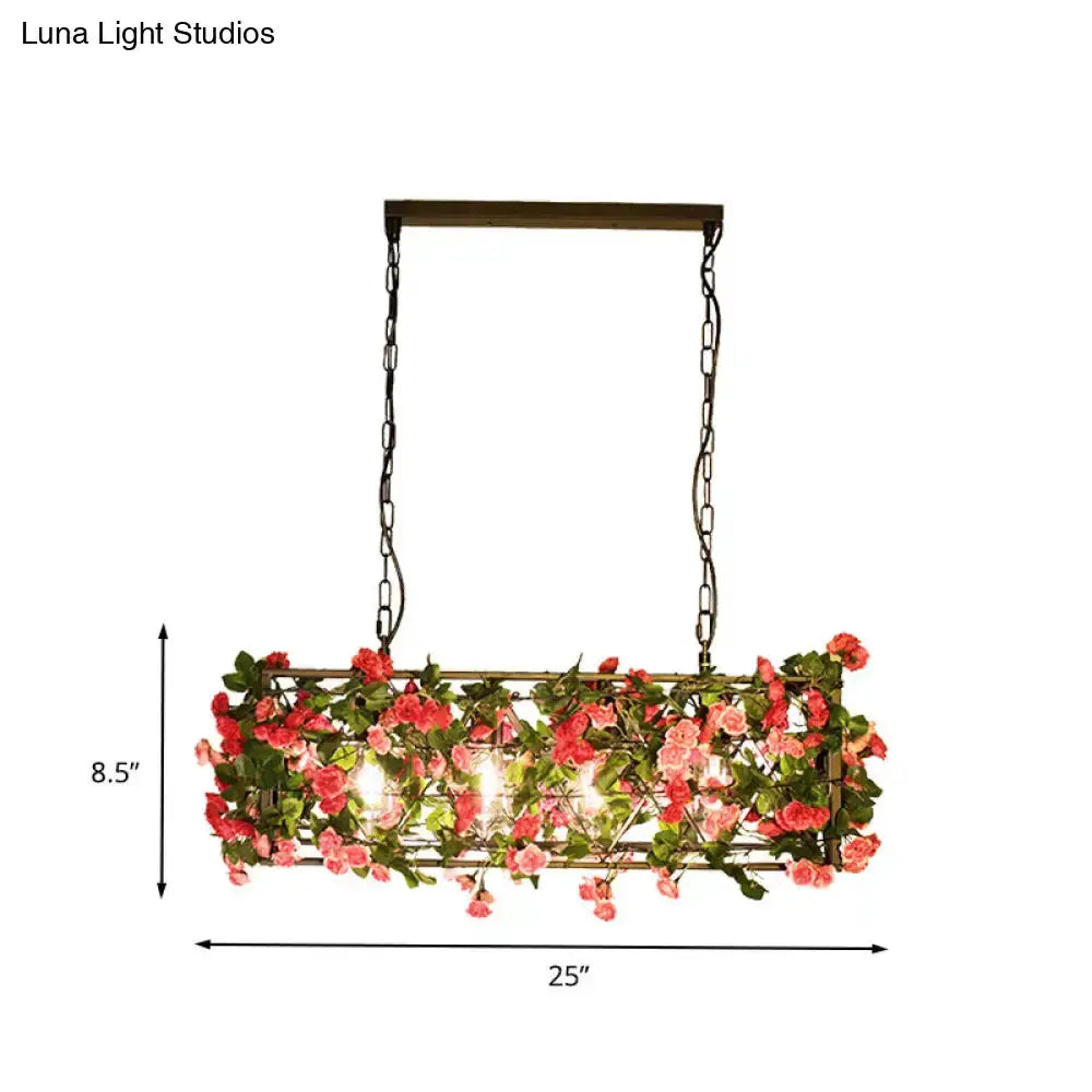 Industrial floral brass finish pendant light with pink roses and metal frame on Tampa Home & Garden Store