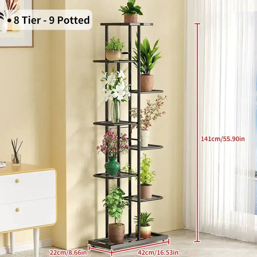 Modern black iron 8-tier plant stand by Decorbites with 9 potted plants on Tampa Home & Garden Store