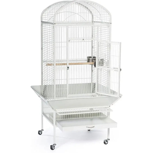 Chalk White metal birdcage by Decorbites on a wheeled stand with pullout tray and feeder cups on Tampa Home & Garden Store