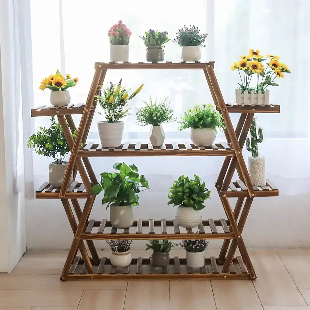 Rustic Wood Flower Rack Plant Stand brown wood multi-tier with several potted plants Decorbites on Tampa Home & Garden Store