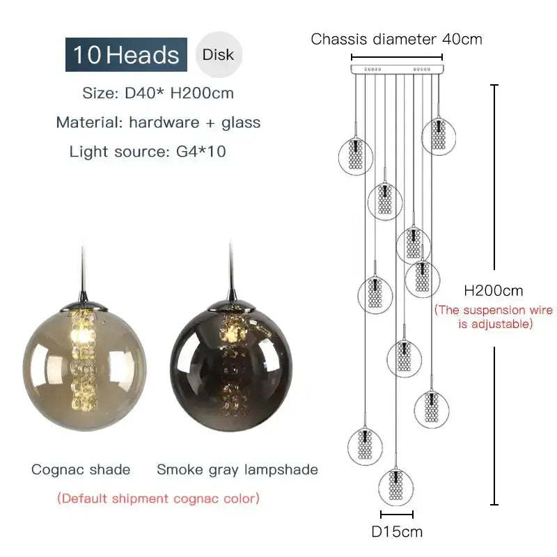 Chandelier Decorbites 10-head loft pendant with amber glass spirals and smoke gray shades on Tampa Home & Garden Store