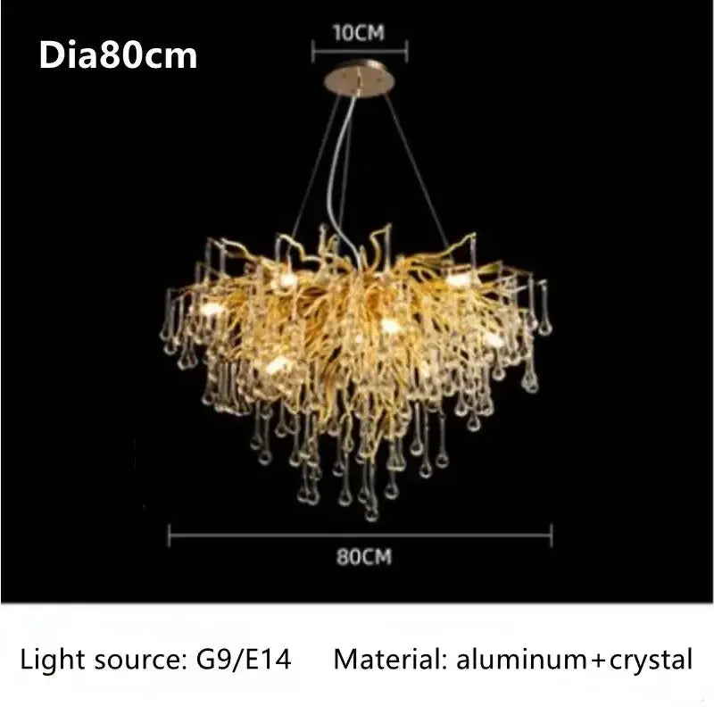 Chandelier gold branch crystal dining room pendant light with crystal drops 80cm wide on Tampa Home & Garden Store