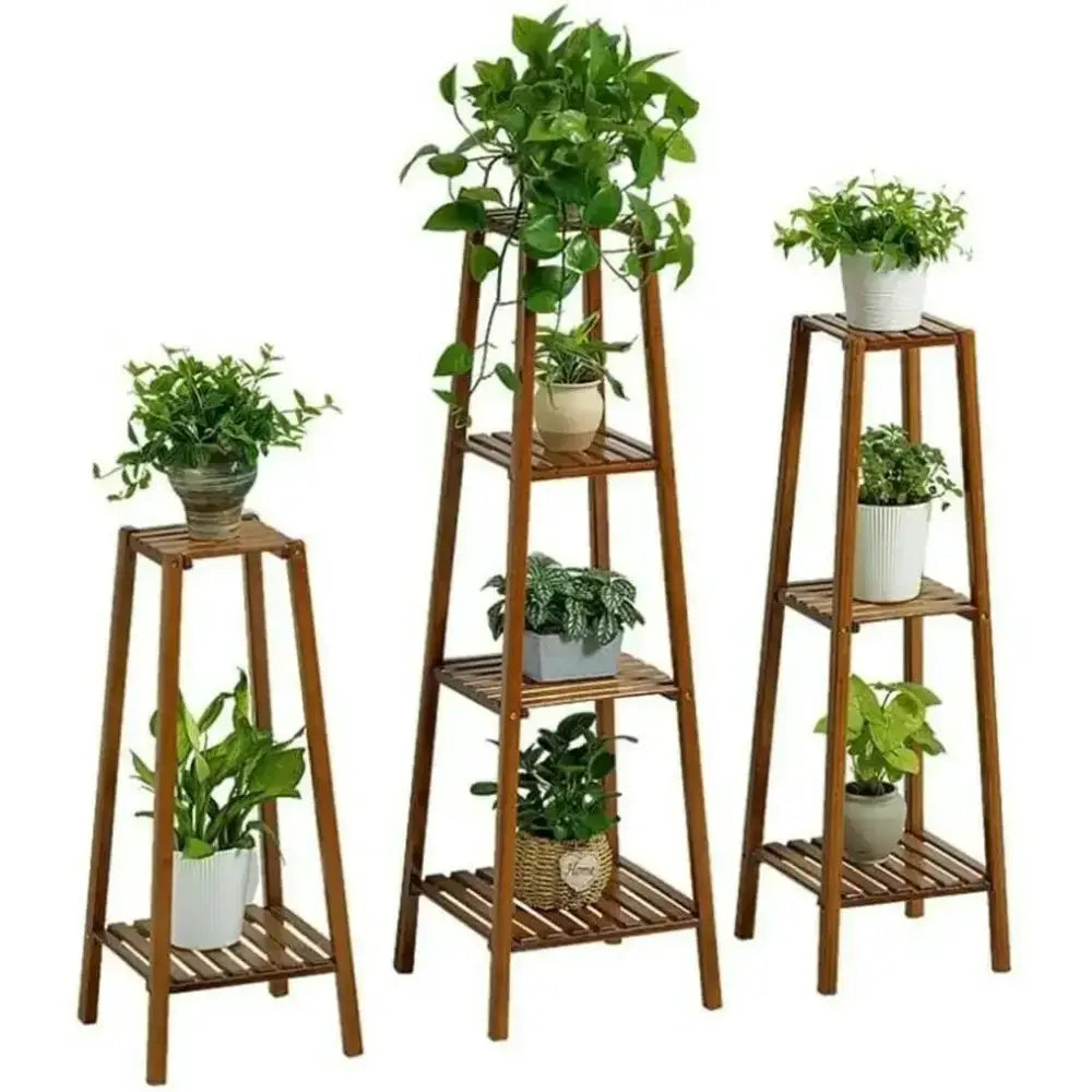 Decorbites natural brown 3-tier wooden corner plant stand set with potted plants on Tampa Home & Garden Store