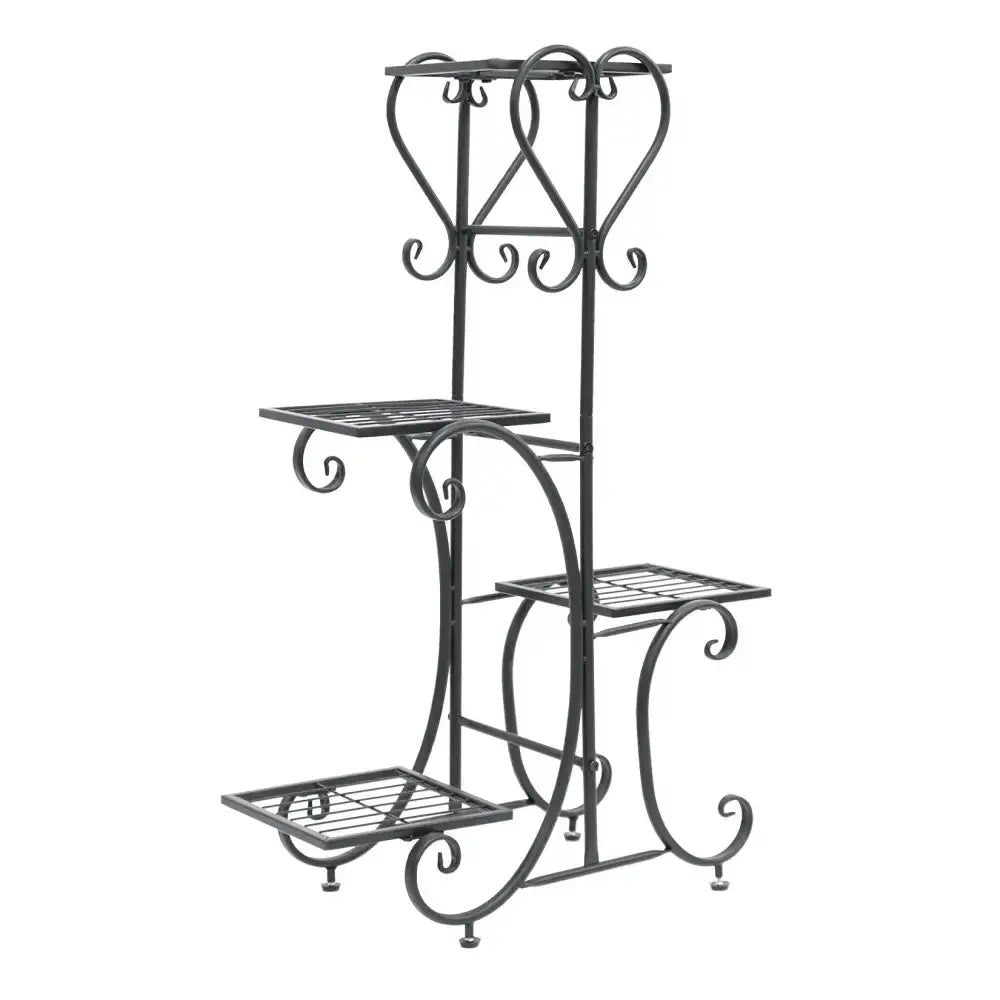 Three-tier black wrought-iron plant stand with ornate scrollwork and curved supports on Tampa Home & Garden Store