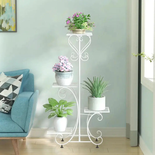 Ornate white wrought-iron plant stand tiered shelf with three levels and potted plants on Tampa Home & Garden Store