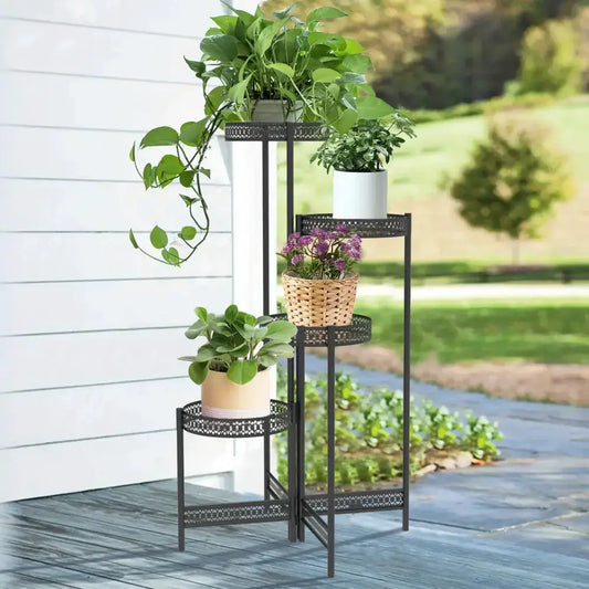 Tiered black metal plant stand with lattice by Decorbites, 3-tier outdoor garden display on Tampa Home & Garden Store