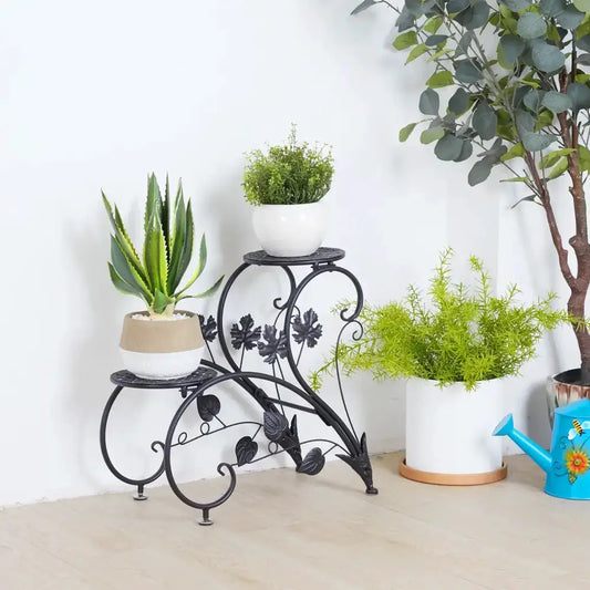 Floral White Plant Stand Three-Tier Rack black wrought iron leaf scrolls on Tampa Home & Garden Store