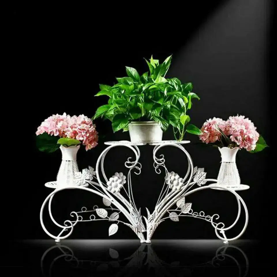 Decorbites Floral White Metal Plant Stand Three-Tier Rack with three planters on Tampa Home & Garden Store