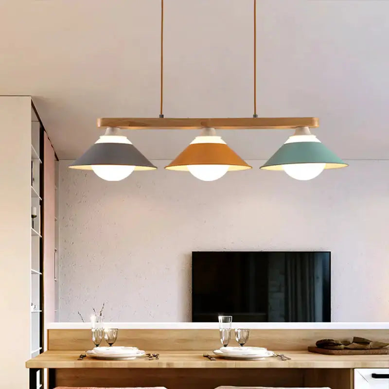 Modern three-light island pendant with wood beam in gray, orange and teal E26/E27 on Tampa Home & Garden Store