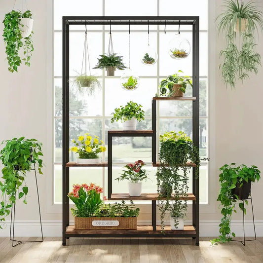 Modern black metal and wood 5-tier plant stand with multiple potted plants Decorbites on Tampa Home & Garden Store