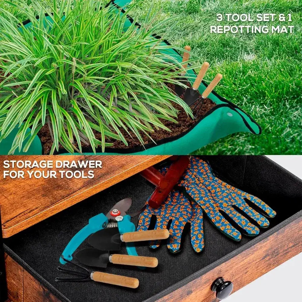 Half Moon Plant Stand in wood and metal with a turquoise planter; tool drawer with gloves & tools on Tampa Home & Garden Store