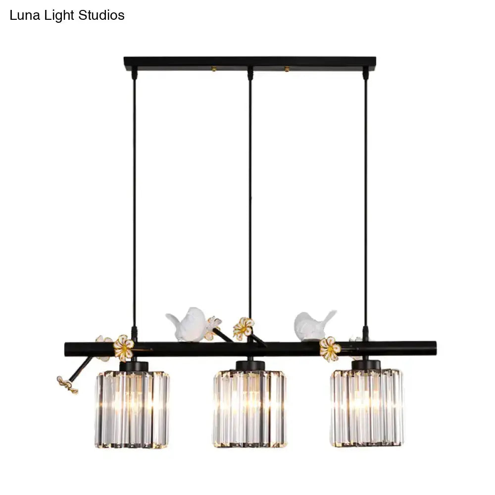 Modern black cylinder island light with birds and flowers, triple glass shades Decorbites on Tampa Home & Garden Store