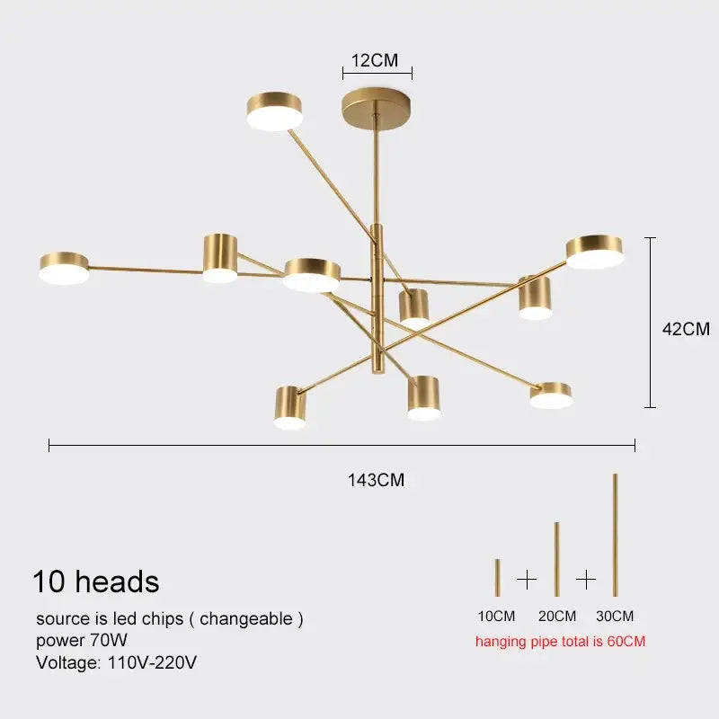 Decorbites gold minimalist chandelier with 10 LED heads, sputnik style, 143cm span on Tampa Home & Garden Store