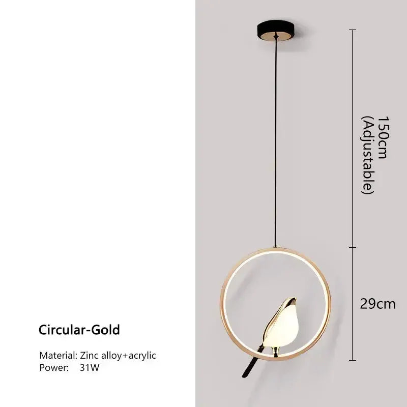 Pendant light Modern gold magpie bird with circular ring, zinc alloy + acrylic Decorbites on Tampa Home & Garden Store