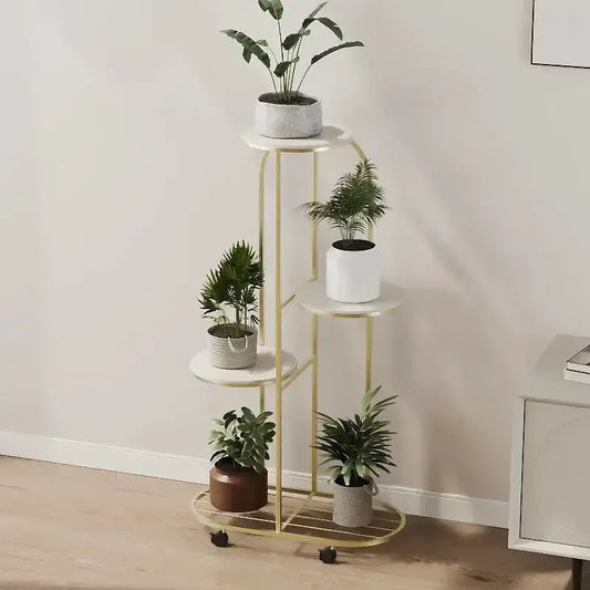 Gold 5-tier plant stand on wheels with white circular shelves by Decorbites on Tampa Home & Garden Store