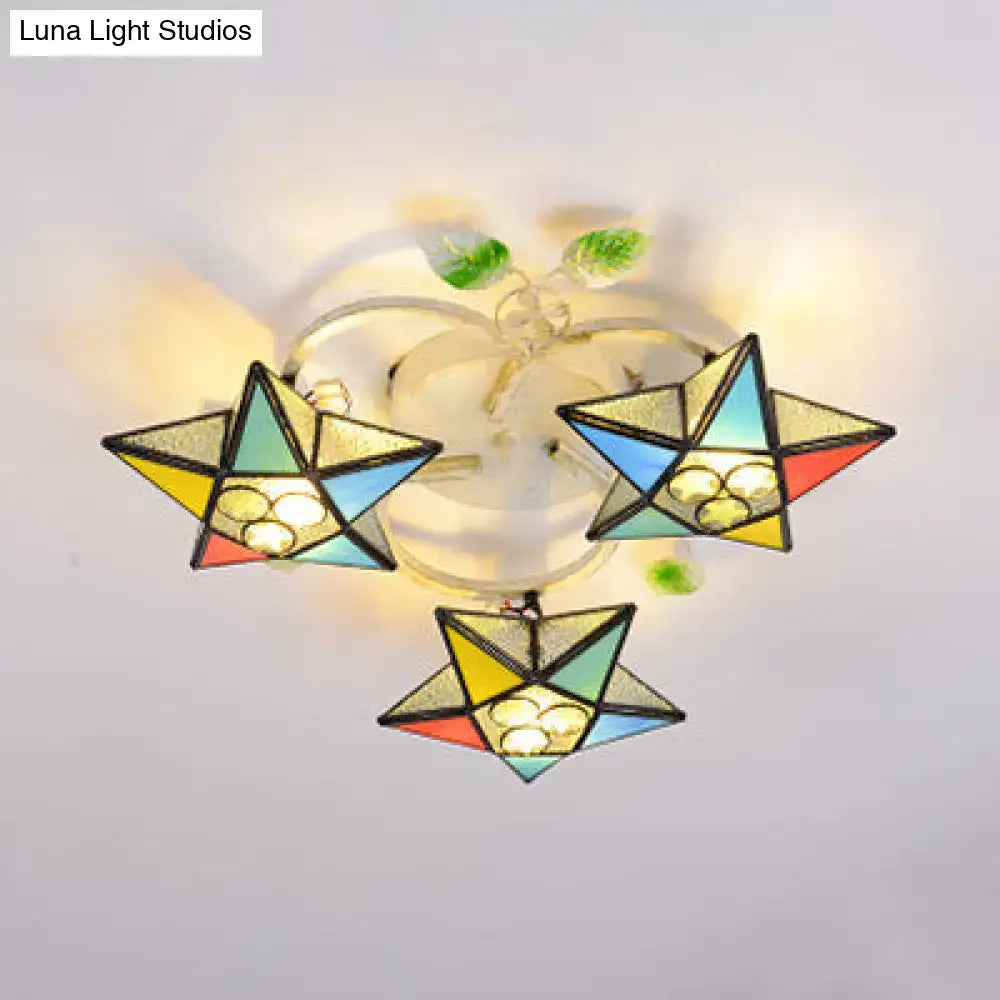 Tiffany Glass Star Ceiling Light by Decorbites; three colorful stained-glass star shades in yellow blue green red flush mount on Tampa Home & Garden Store