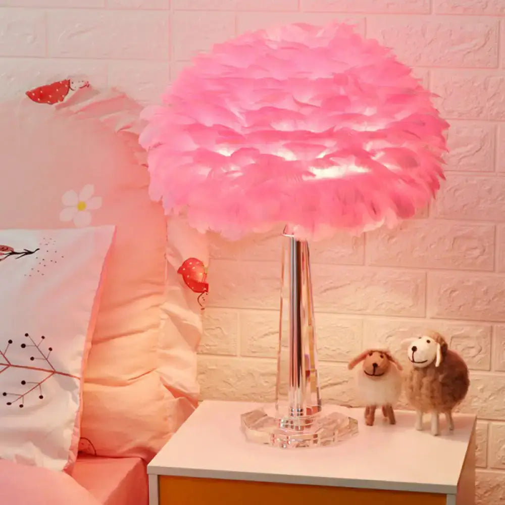 Pink Feather Crystal Lamp by Decorbites with crystal base and fluffy pink shade on white table on Tampa Home & Garden Store