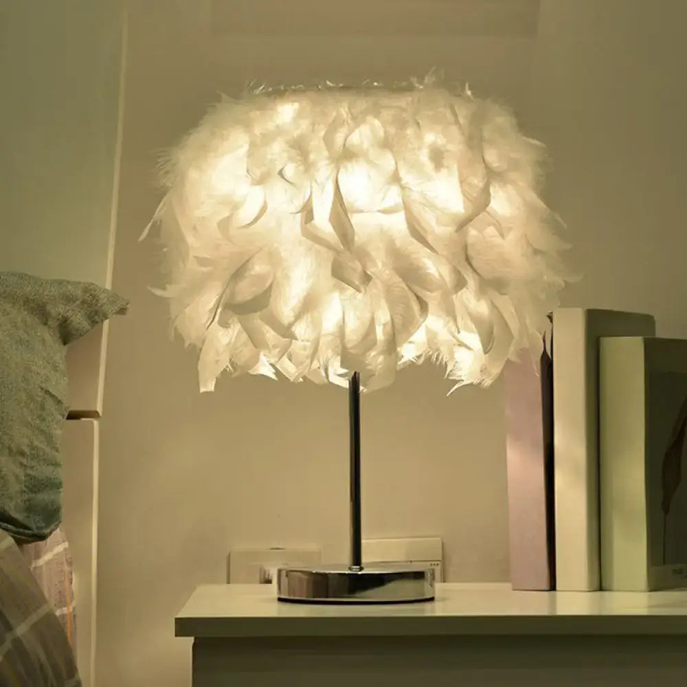 White Feather Table Lamp with fluffy white feather shade and chrome base by Decorbites on Tampa Home & Garden Store