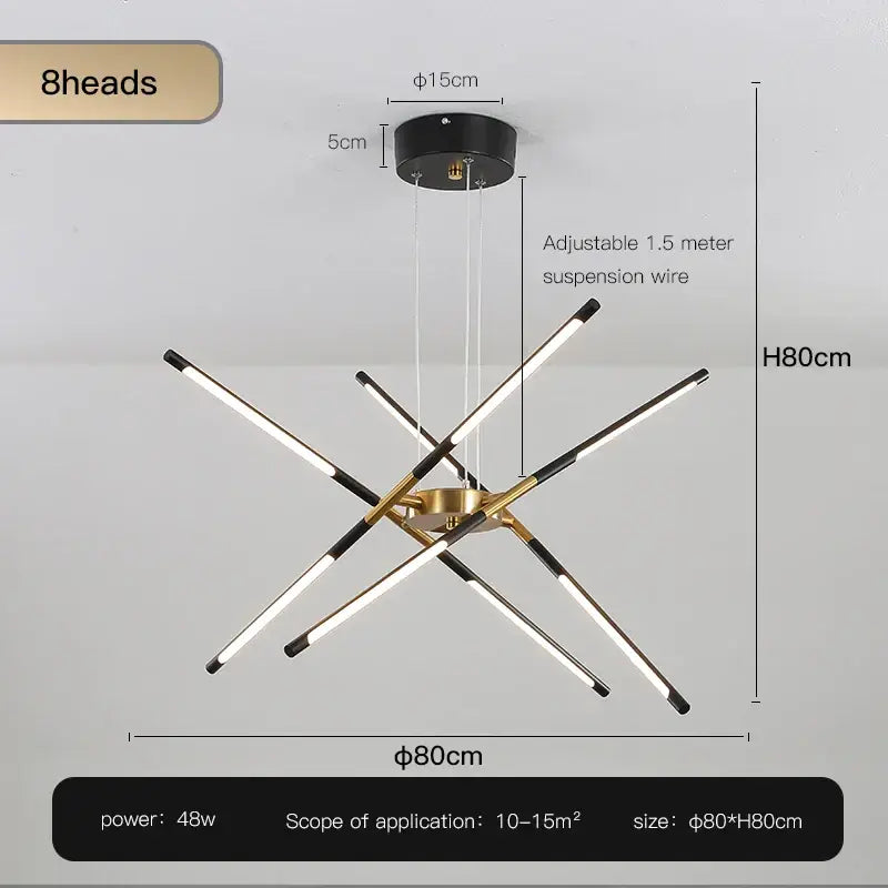 Decorbites Gold Nordic LED Chandelier with 8 tubular LEDs in a geometric cross, brass hub on Tampa Home & Garden Store