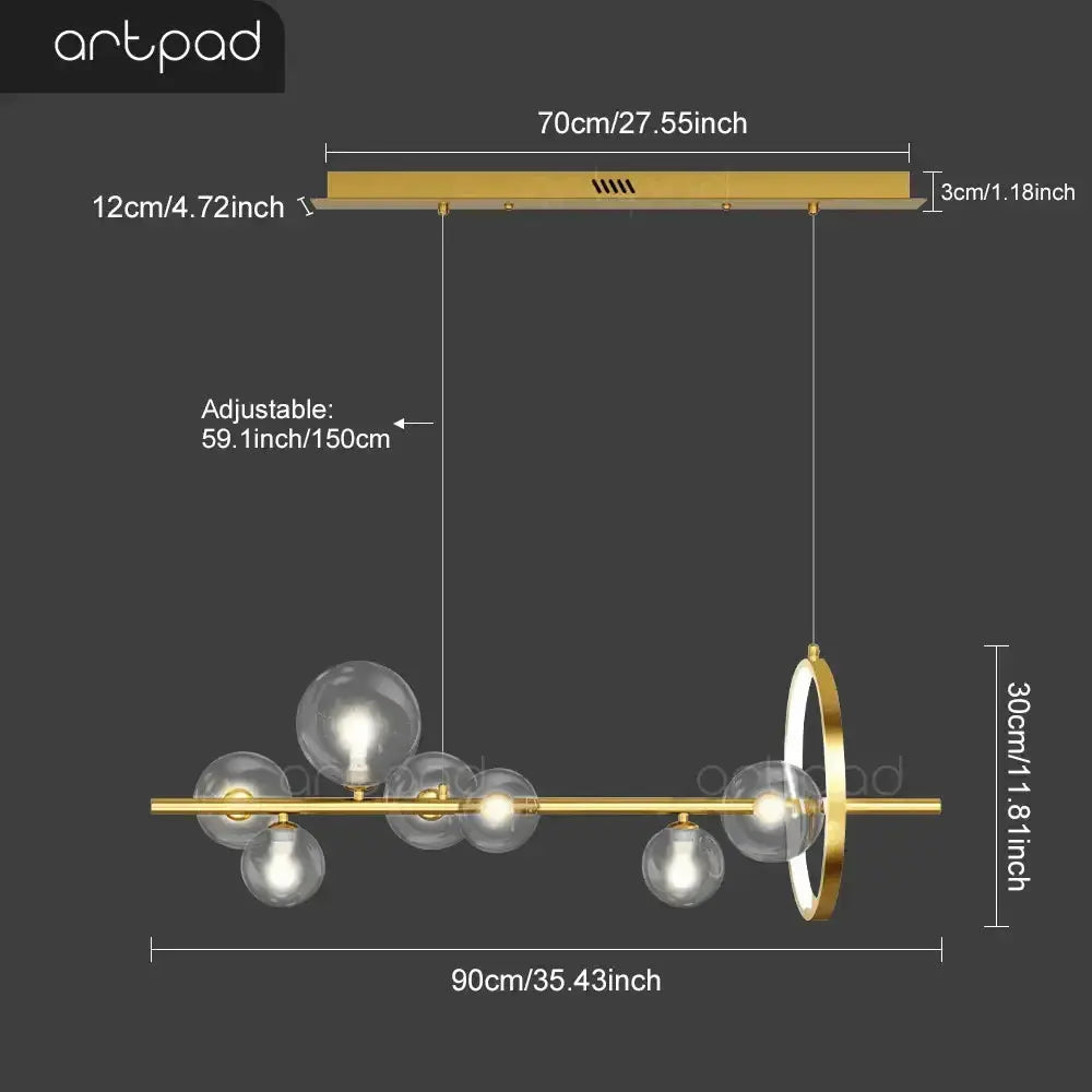 Chandelier Decorbites modern Nordic glass bubble LED with gold bar and globe bulbs on Tampa Home & Garden Store