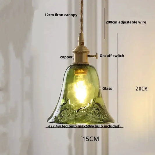 Floral green glass LED pendant light with ribbed brass fixture by Decorbites on Tampa Home & Garden Store