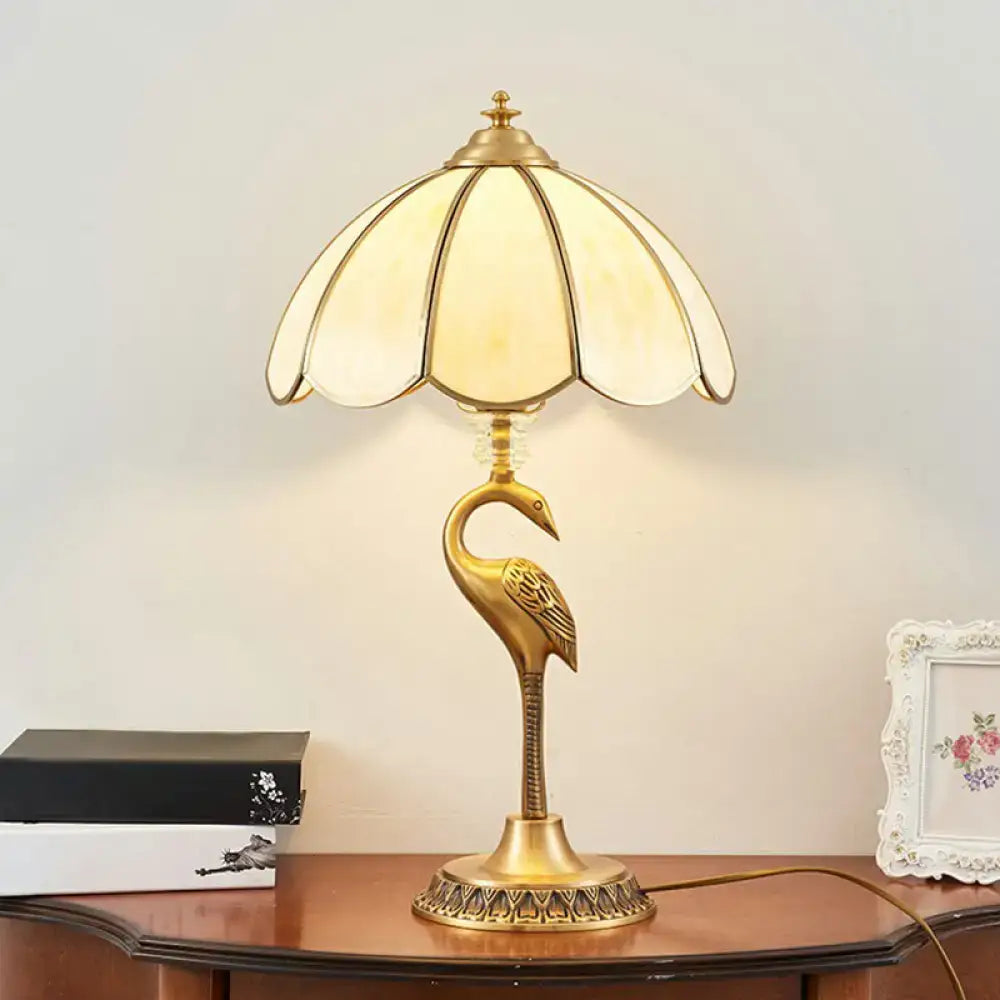 Brass Swan Table Lamp by Decorbites with cream Tiffany-style stained-glass shade on Tampa Home & Garden Store