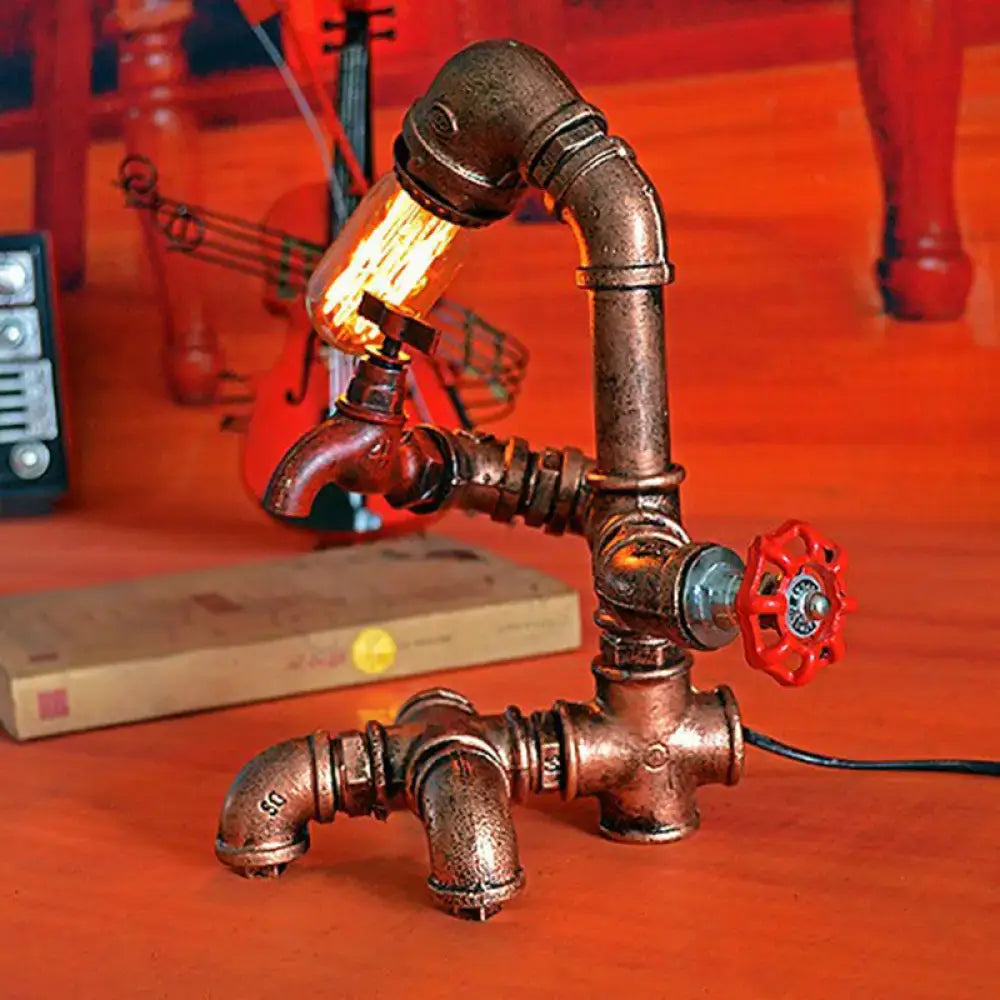 Rust Red Table Lamp by Decorbites, copper pipe frame with red valve and Edison bulb on desk on Tampa Home & Garden Store