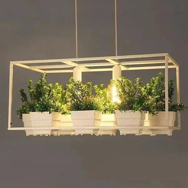 Industrial black metal planter chandelier with white pots and greenery Decorbites on Tampa Home & Garden Store