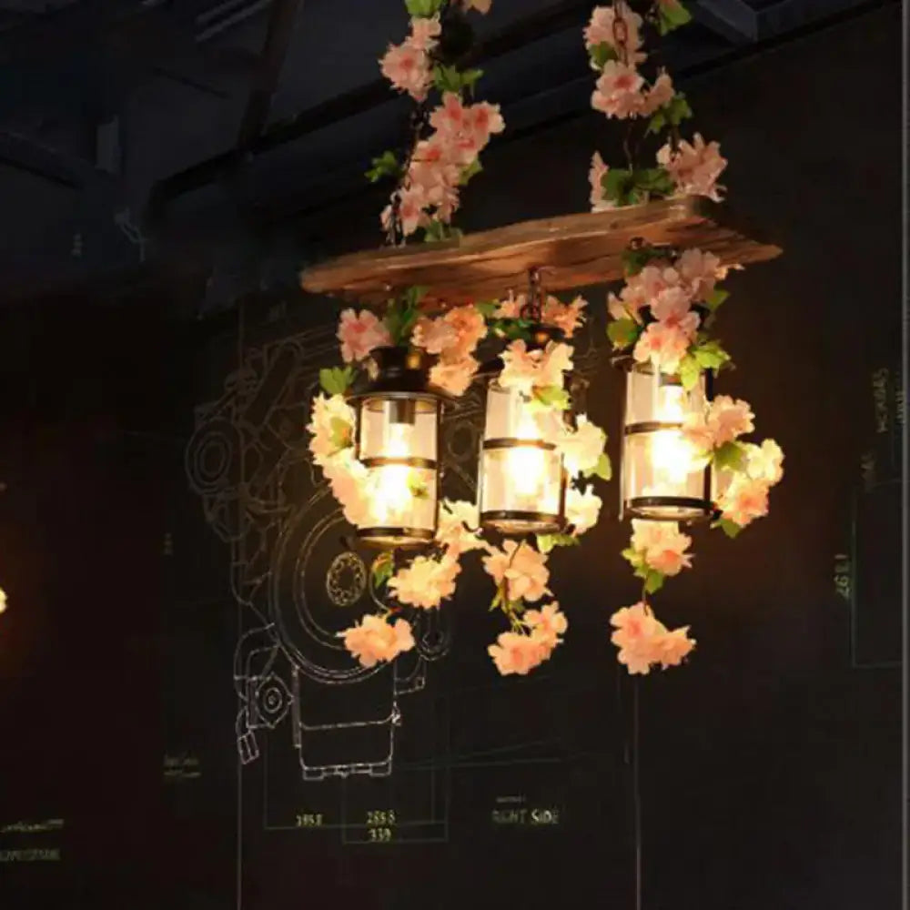 Wooden Ivy Ceiling Light flush mount with three lantern-style bulbs and pink blossoms on Tampa Home & Garden Store