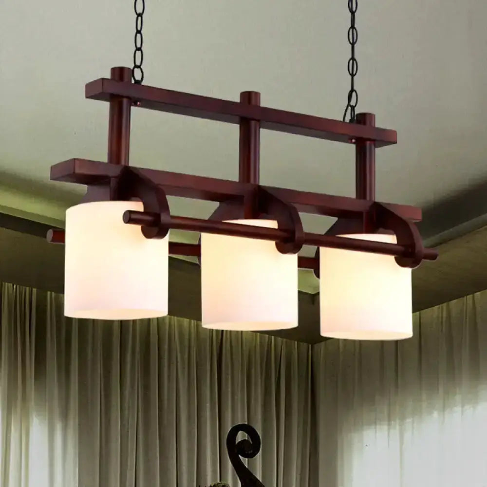 Rustic wood and white glass three-light island pendant in dark finish Decorbites on Tampa Home & Garden Store