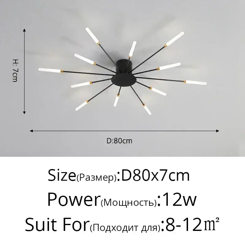 Gold Nordic LED ceiling light, starburst flush mount with 12 arms and white tubes on Tampa Home & Garden Store