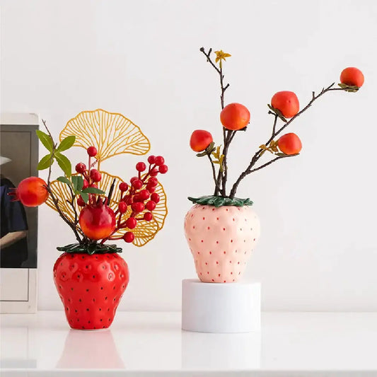 Strawberry shaped ceramic planter pots, red and pale pink pair, small decorative vases on Tampa Home & Garden Store