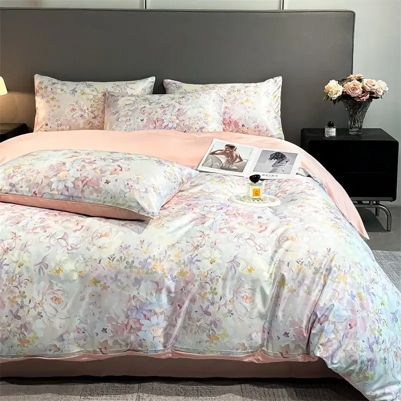 Pastel floral satin silk duvet cover set by Decorbites for bedroom bedding on Tampa Home & Garden Store