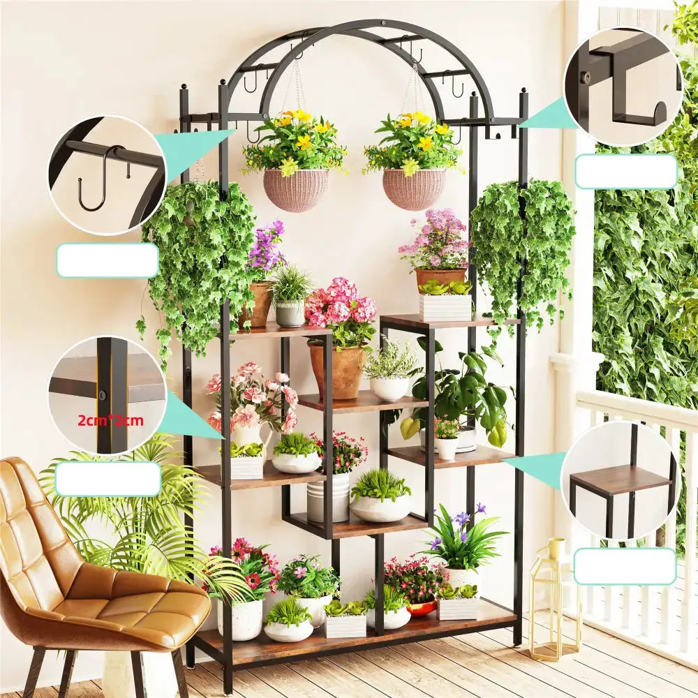 Modern Black Metal and Wood 5-Tier Plant Stand by Decorbites with arch frame and hanging hooks on Tampa Home & Garden Store