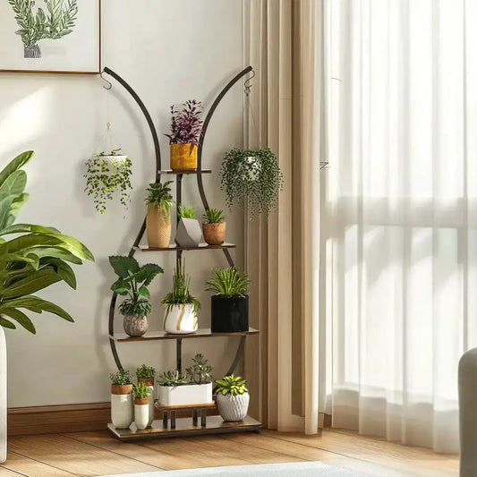 Bunny shaped black metal plant wall shelf with wood shelves and potted plants Decorbites on Tampa Home & Garden Store