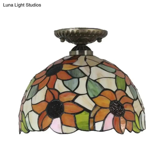 Tiffany-style 2-light domed sunflower brass semi-flush ceiling light with stained glass shade on Tampa Home & Garden Store