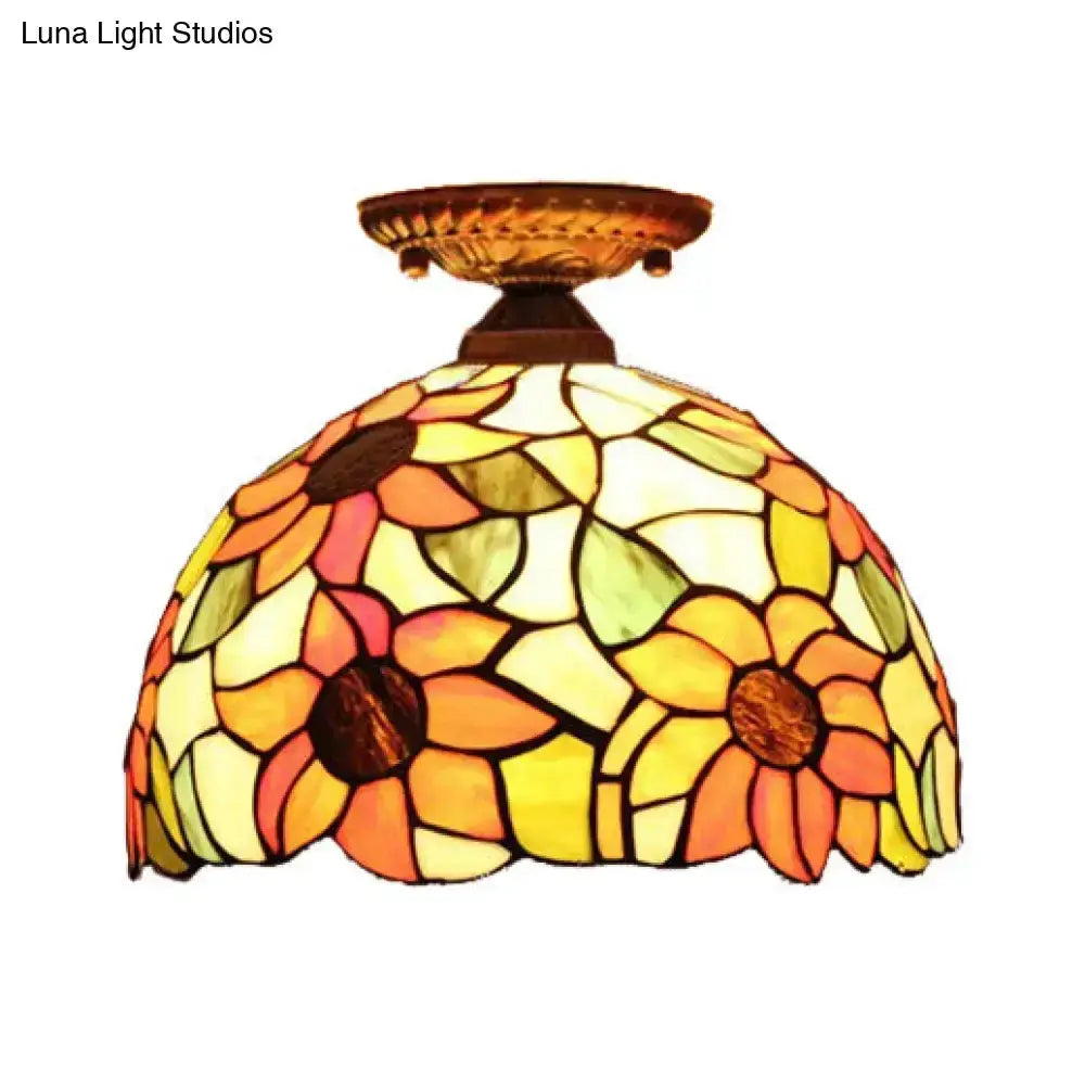Tiffany-style 2-light domed semi-flush ceiling light with sunflower stained glass brass finish on Tampa Home & Garden Store