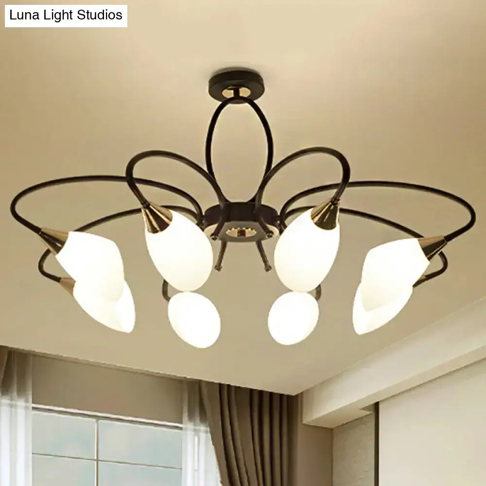 Traditional Oval White Glass Semi Flush Mount Ceiling Light with 6/8 Lights - Black Finish for Living Room