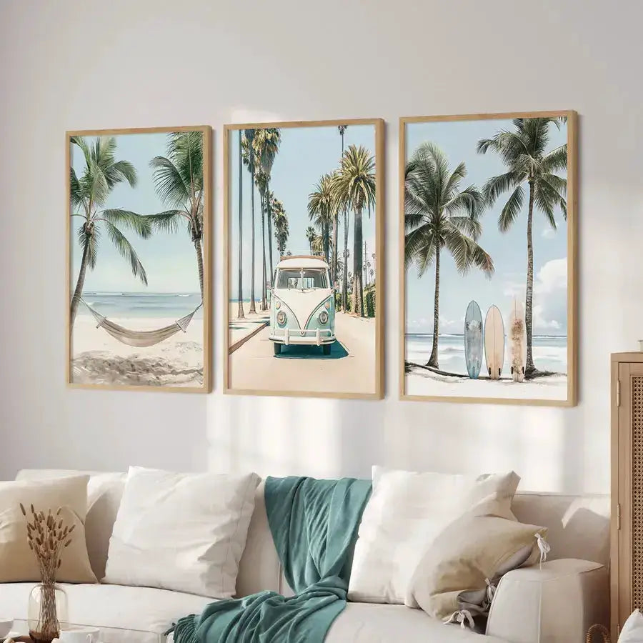 Three-panel Tropical Surfboard Travel Wall Art Set with palm beach teal VW bus and surfboards on Tampa Home & Garden Store