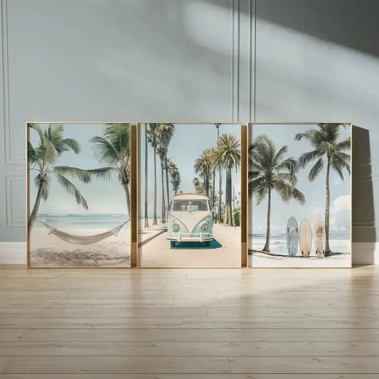 Tropical Surfboard Travel Wall Art Set posters with palm trees, VW bus, surfboards in frames on Tampa Home & Garden Store