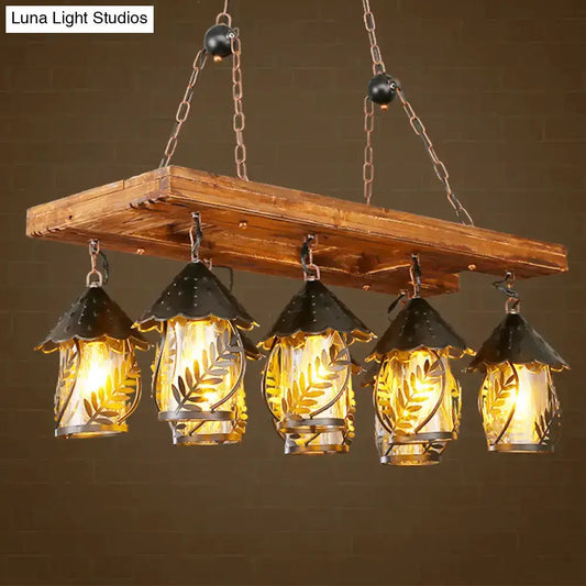 Vintage 8-Light Island Pendant Chandelier with wooden beam and lantern glass, copper chains on Tampa Home & Garden Store