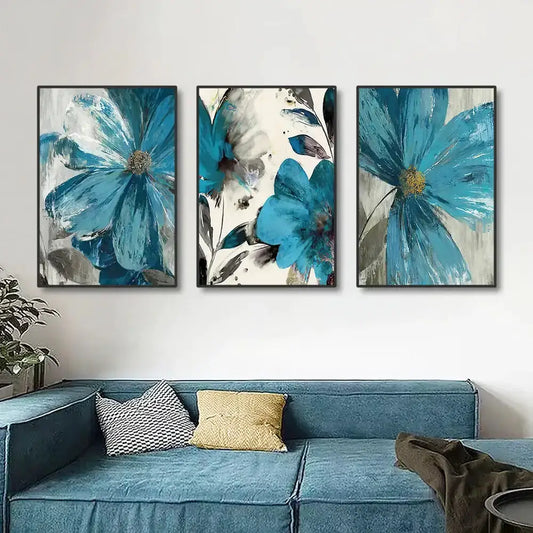 Vintage Botanical Flower Canvas Wall Art Set of 3 triptych prints in blue tones on Tampa Home & Garden Store