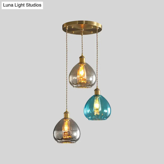 Vintage Glass Onion Multi Ceiling Light Pendant in Brass with Linear/Round Canopy - Tan-Blue-Grey, 3-Bulb Fixture - Tampa Home & Garden Store