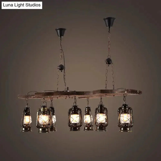 Vintage 8-Light Chandelier Antique Brass with lantern glass shades and rustic wood beam on Tampa Home & Garden Store