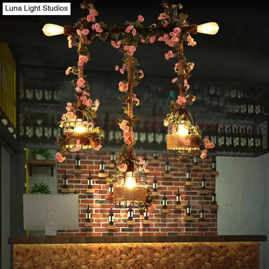 Vintage Metal 3-Head Island Ceiling Light by Decorbites with flower decor, black finish on Tampa Home & Garden Store