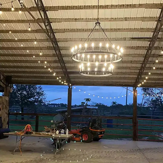 Vintage Modern LED Pendant Chandelier Light by Decorbites; circular two-ring metal design on Tampa Home & Garden Store
