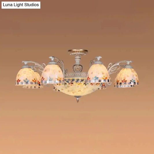 Vintage multi-light chandelier with Shelly shade, Tiffany-style mosaic glass bowls in amber on Tampa Home & Garden Store