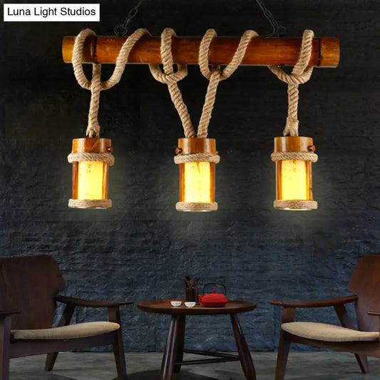 Vintage Wood Cylindrical Pendant Lamp - Bamboo Island Lighting with Rope Cord - Set of 3 Bulbs - Tampa Home & Garden Store