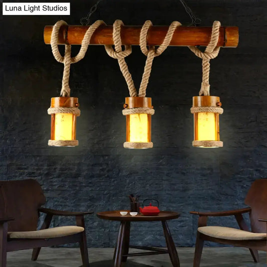 Vintage wood pendant lamp with bamboo rope cords, three glass pendants on a wooden rod Decorbites on Tampa Home & Garden Store